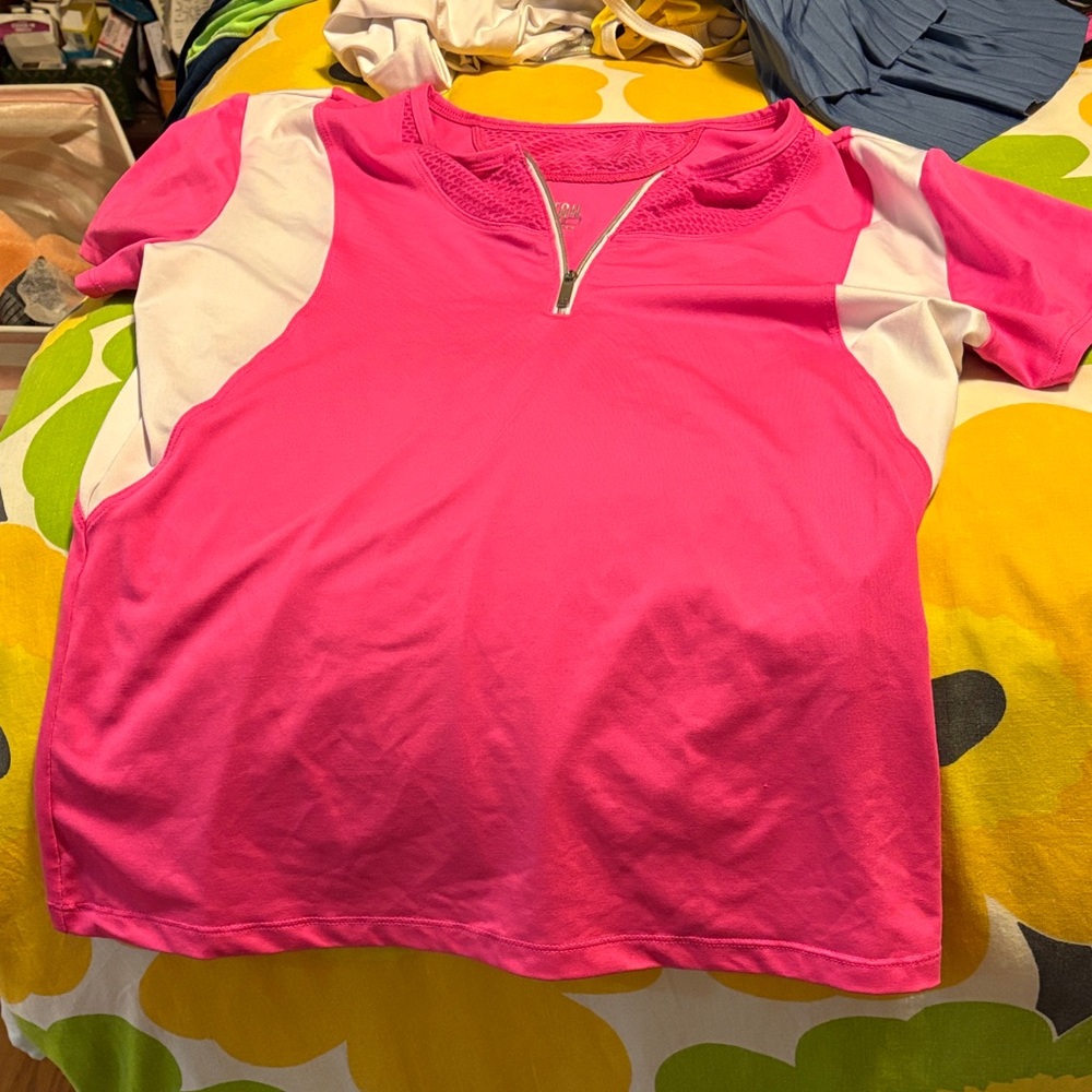 Tail Pink and White Zip Front Short Sleeve Tee